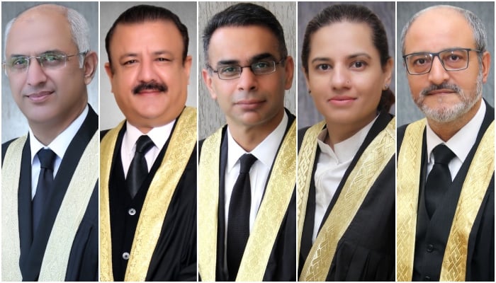 (From left to right) IHCs Justice Mohsin Akhtar Kiyani, Justice Tariq Mehmood Jahangiri, Justice Babar Sattar, Justice Saman Riffat Imtiaz and Justice Sardar Ejaz Ishaq Khan. — IHC website/File