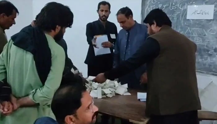 Polling staff count ballots after the end of the voting in by-election on November 23, 2025. — Geo News/Screengrab