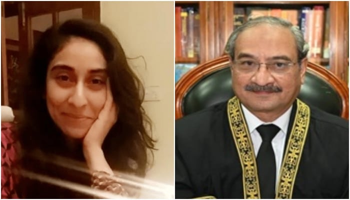 A collage showing slain Noor Muqaddam (left) and Justice Ali Baqar Najafi. — X@justicefornoor/FCC website/File