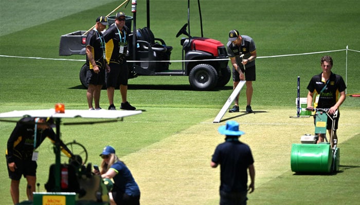 ICC officials testing the Perth Stadium pitch that hosted the first Ashes Test. —AFP/File