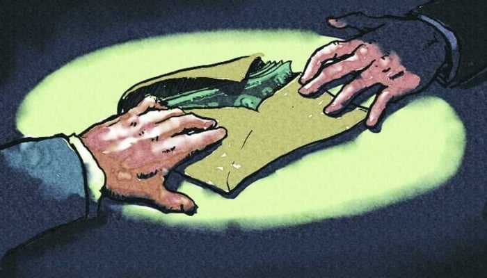 The image is a cartoon illustration depicting a clandestine exchange of money in an envelope between two individuals, which is a common visual representation of corruption or bribery. — The News/File