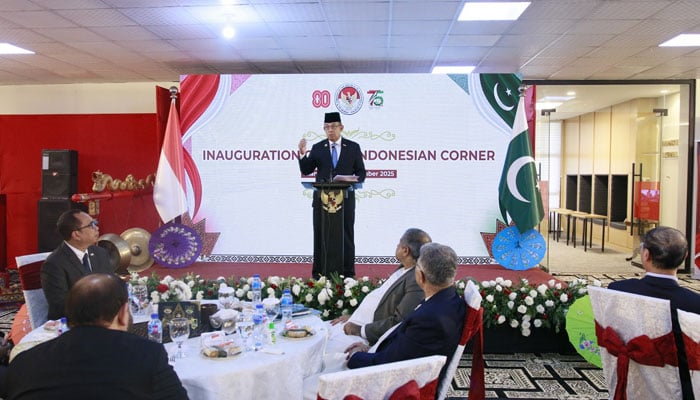 Ambassador Chandra W. Sukotjo addresses during the inauguration of the Indonesian Corner at the National Library of Pakistan on November 28, 2025. — APP