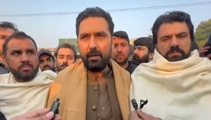 Khyber Pakhtunkhwa Chief Minister Sohail Afridi speaking to media on Adiala Road on November 28, 2025. — Facebook@ImMuhammadSohailAfridi