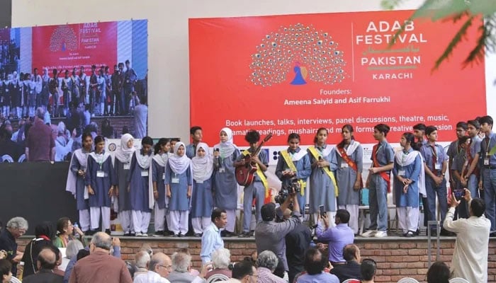 Students perform music during the Fifth Adab Festival on November 25, 2023. — Facebook/Adab Festival Pakistan