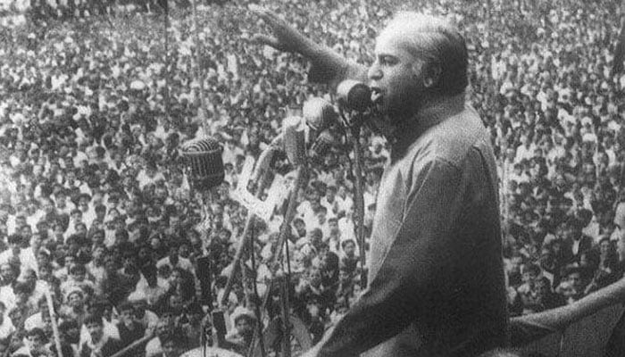Shaheed Zulfikar Ali Bhutto addresses a mammoth gathering. —TheNews/File