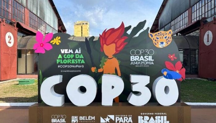 The COP30 logotype at Docks Station in Belem, Para state, Brazil. — AFP/File