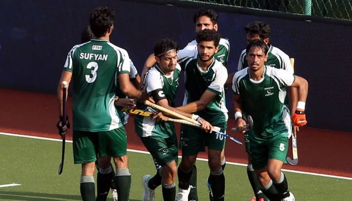 The picture shows the Pakistani side in Sultan Johar Baru Junior Hockey Cup underway in Johar Baru (Malaysia). — The News/File