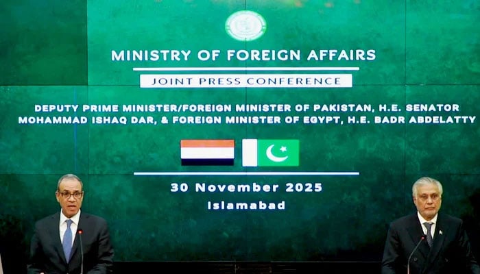 Deputy Prime Minister Ishaq Dar (right) speaks during a press conference with Egyptian Foreign Minister Dr Badr Abdelatty at the Ministry of Foreign Affairs in Islamabad on Nov 30, 2025. — X/ForeignOfficePk