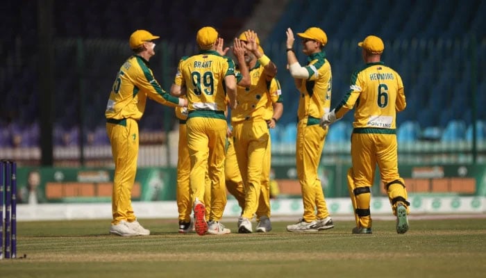 Australian veteran team celebrate their IMC Over-40s T20 Cricket World Cup 2025 victory against Pakistan at the National Bank Cricket Stadium in Karachi, Pakistan, on December 1, 2025. – Facebook/PakistanVeteransCricketAssociation