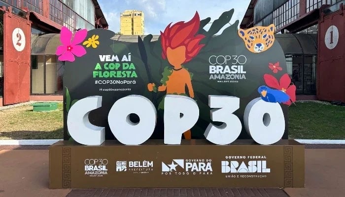 This view shows the COP30 logotype at Docks Station in Belem, Para state, Brazil on October 24, 2025. — AFP