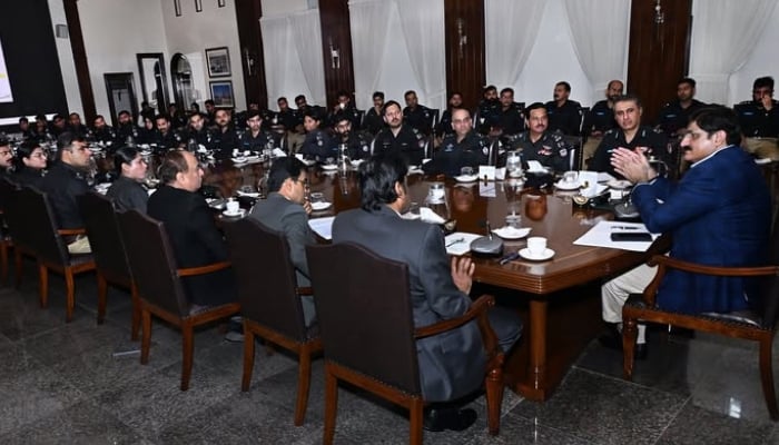 Sindh Chief Minister Syed Murad Ali Shah addressing a delegation of the 52nd Specialised Training Programme (25th Initial Command Course) participants, headed by National Police Academy Deputy Commandant Sarfraz Ahmed Falki, on December 2, 2025. — Facebook@SindhCMHouse