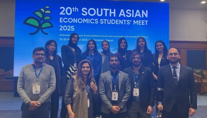 The group photo shows a team of undergraduate students from the Chaudhry Nazar Muhammad (CNM) Department of Economics at LUMS represented the university at the 20th South Asian Economics Students’ Meet (SAESM) 2025.  — Linkedin@company/econlums