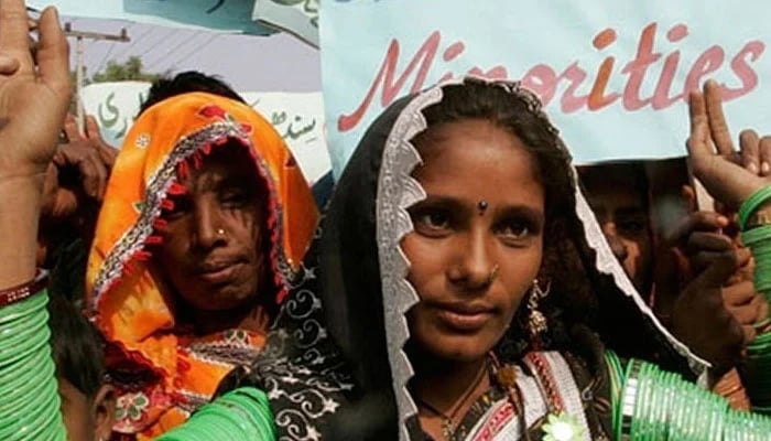 The representational image shows the women of minority communities stage a protest in Sindh. — AFP/File