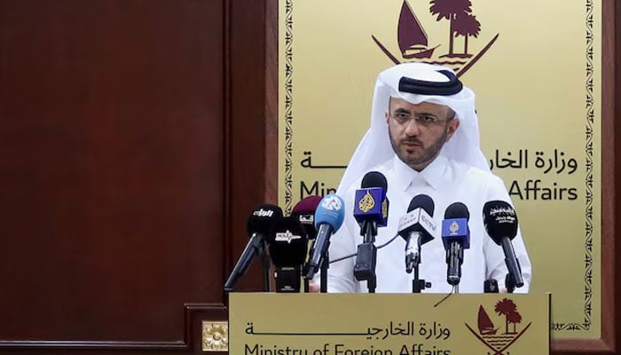 Qatars Foreign Ministry spokesman, Majed Al-Ansari speaks during weekly press briefing at the Ministry of Foreign Affairs in Doha, Qatar, April 23, 2024.—Reuters