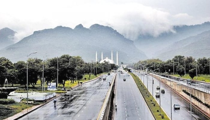 An undated image of the road leading towards Islamabads Faisal Mosque after rain. — Radio Pakistan/File