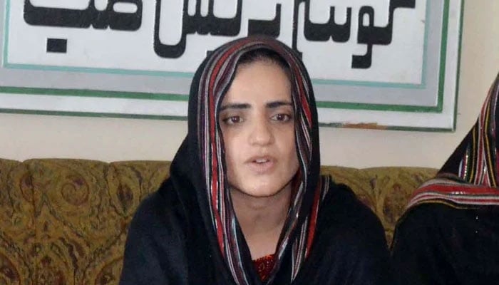 Baloch Yakjehti Committee (BYC) leader Mahrang Baloch addresses media persons during a press conference held at the Quetta Press Club on Wednesday, August 2, 2023. — PPI