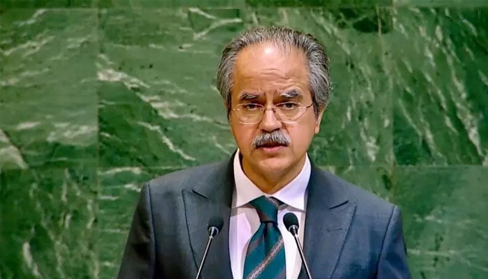 Pakistan’s Permanent Representative to the UN, Asim Iftikhar Ahmed, addresses the UN General Assembly. — X@PakistanUN_NY