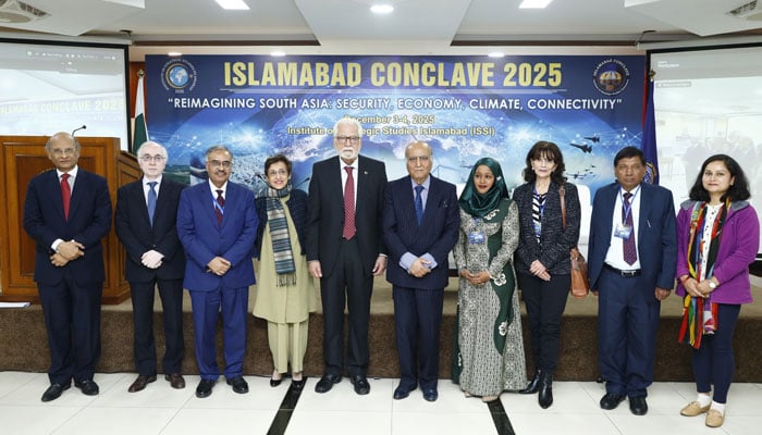Participants pose for a group photo with the chief guest, Ambassador Inamul Haque, during the 5th edition of the Institute of Strategic Studies Islamabad on December 4, 2025. — Facebook@Institute.of.Strategic.Studies.Islamabad