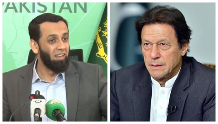 Minister for Information and Broadcasting Attaullah Tarar and PTI founder Imran Khan. —PTV/Geo.tv/File