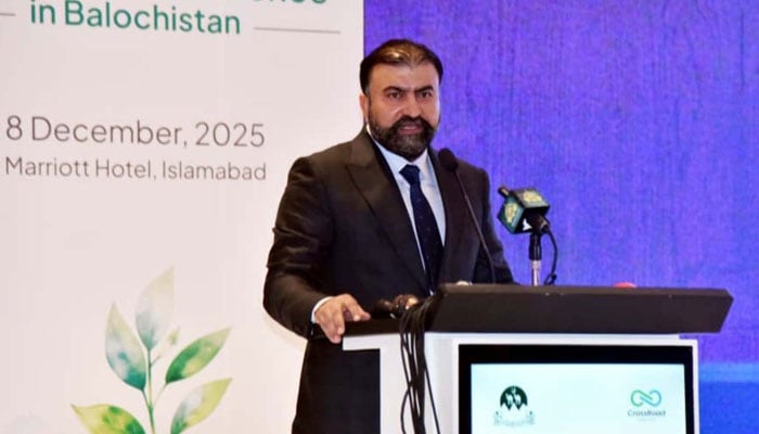 Balochistan Chief Minister Sarfaraz Bugti addresses a symposium on “Sustainable Development and Environmental Resilience in Balochistan,” organised by the Planning and Development Department of the Balochistan government in Islamabad on December 8, 2025. — Facebook@CMOBalochistanOfficial