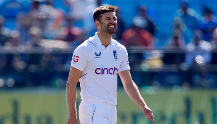 Englands fast bowler Mark Wood reacts on March 8, 2024. — Reuters