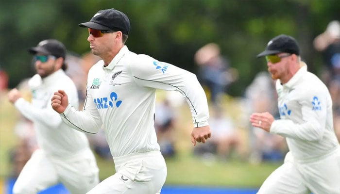 New Zealand’s Will Young (centre) runs to field the ball during the first Test against the West Indies at Hagley Oval in Christchurch on December 5, 2025.—AFP