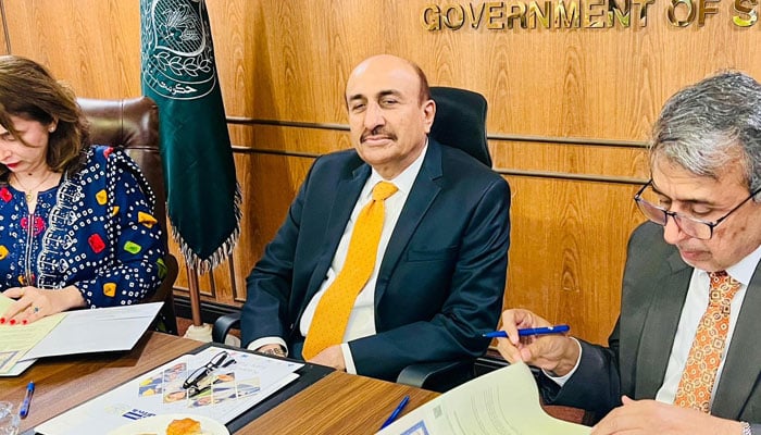 Sindh Minister for Universities and Boards, Muhammad Ismail Rahoo (centre), seen in a meeting at his office on December 5, 2025. — Facebook@mismailrahoo