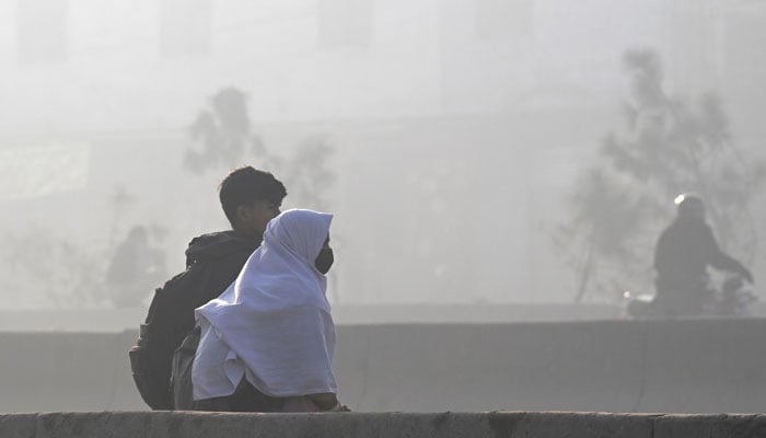 A schoolgirl wearing a mask walks along a road amid dense smog in Lahore on December 8, 2025. — AFP
