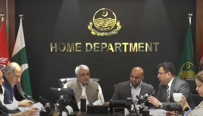 Provincial health minister and chairman of the Cabinet Committee on Law and Order, Khawaja Salman Rafique, chairs a high-level meeting at the Punjab Home Department to review security arrangements for educational institutions across the province on December 9, 2025. — Screengrab via Facebook@SalmanRafiquePK
