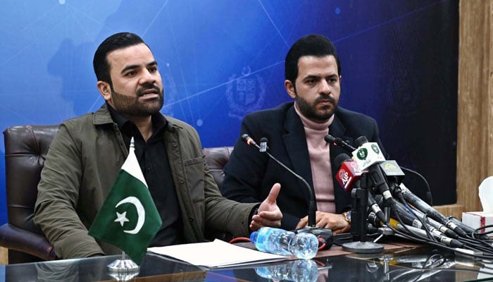 Minister of State for Law and Justice Barrister Aqeel Malik (left) and Federal Parliamentary Secretary for Information & Broadcasting Barrister Danyal Chaudhry address a press conference at PID on December 9, 2025. — APP