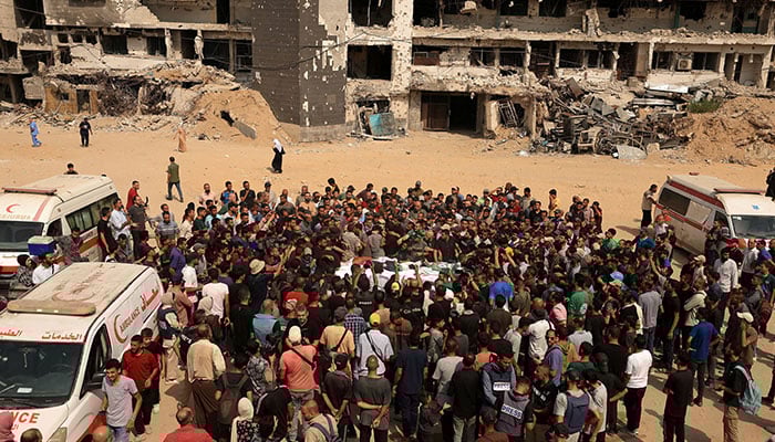 Mourners attend the funeral of Al Jazeera journalists Anas Al Sharif, Mohammed Qreiqeh, Ibrahim Zaher, Mohammed Noufal and another colleague, who were killed in an Israeli strike, in Gaza City August 11, 2025. — Reuters