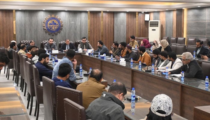 An image of an awareness session with members of the Gujranwala Chamber of Commerce & Industry (GCCI) by SMEDA, December 12, 2025. —Facebook@smedapakistan