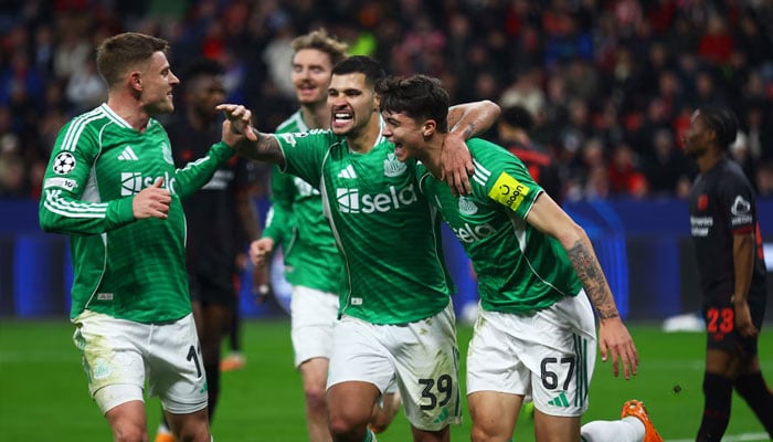 Newcastle Uniteds Lewis Miley celebrates scoring their second goal with Bruno Guimaraes and Harvey Barnes, December 10, 2025. —Reuters