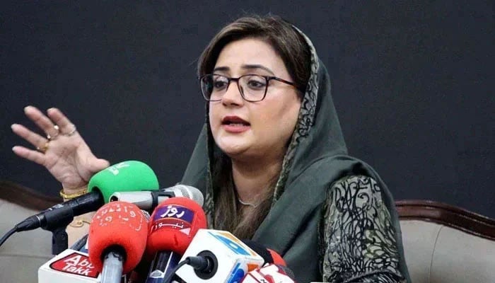 Provincial Minister for Information and Culture Azma Bokhari addresses media persons during a press conference in Lahore. — PPI/File