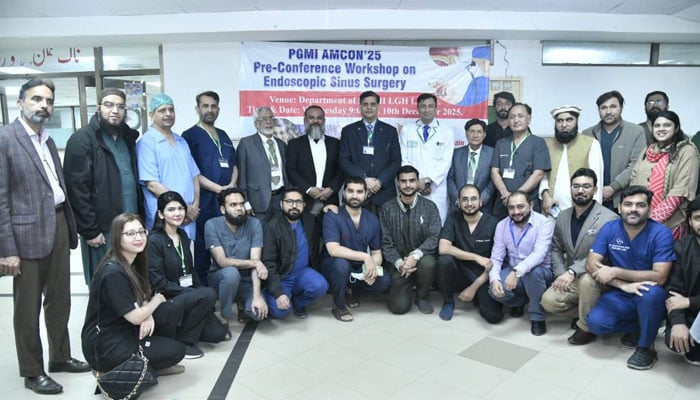 Principal Ameer-ud-Din Medical College (AMC) Prof Dr Farooq Afzal in a group photo during an endoscopic sinus surgery training workshop at the ENT Department, LGH on December 11, 2025. — Facebook@amcpgmi