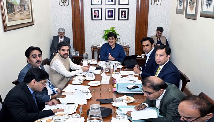Sindh Chief Minister, Syed Murad Ali Shah presides over a meeting to review progress on the K-IV and Hub Dam water supply projects, at CM House in Karachi on December 11, 2025. — PPI