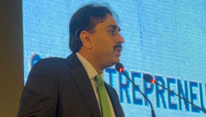 Sindh Minister for Irrigation, Planning, and Development Jam Khan Shoro addresses an event on November 26, 2025. — Facebook@JamKhanShoroOfficial