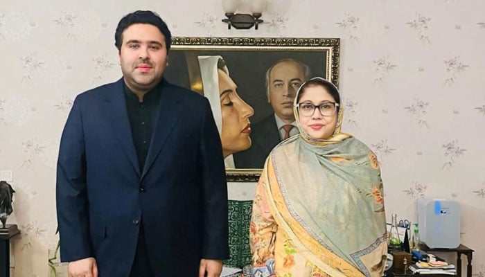 Sindh Minister for Food Makhdoom Mehboobuz Zaman (left) pictured with Pakistan Peoples Party Women Wing President Faryal Talpur after a meeting on December 10, 2025. — Facebook@SindhFood