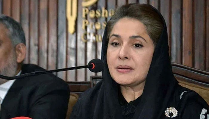 PTI leader Shandana Gulzar addresses media persons during a press conference at Peshawar press club on October 8, 2024. — PPI