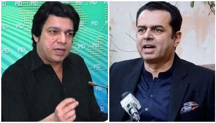 This collage shows Senators Faisal Vawda (left) and Talal Chaudhry during press conferences. — APP/File