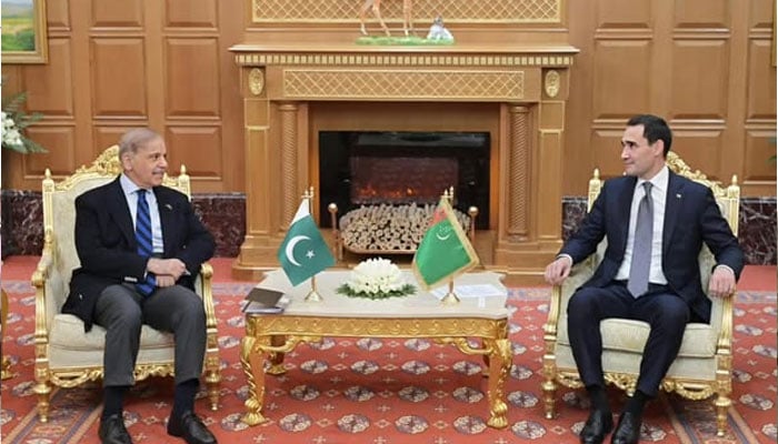 Prime Minister Muhammad Shehbaz Sharif meets President of Turkmenistan Serdar Berdimuhamedov on the sidelines of the International Forum dedicated to Peace and Trust.—Facebook@ShehbazSharif