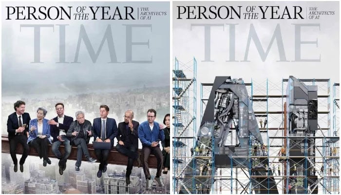 The two covers of Time magazines 2025 Person of the Year issue with an illustration (right) depicting tech giants in this handout combination image, December 11, 2025. — Reuters