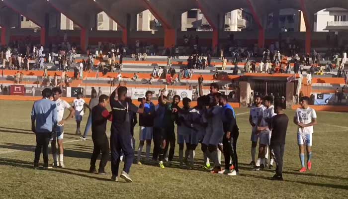 Pakistan Air Force players celebrate their 1–0 victory over Army in the mens football final of the 35th National Games. — Screengrab via X/@faizanlakhani