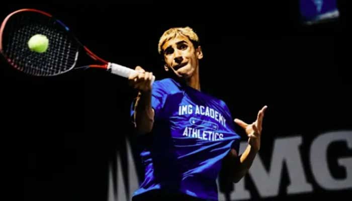 This undated photo shows Pakistans tennis player Mikaeel Ali Baig in action during a match. — Instagram/@mikatensity/File