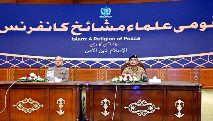 Prime Minister Shehbaz Sharif and Chief of Army Staff and Chief of Defence Forces, Field Marshal,  in the National Ulema Conference on December 10, 2025. — APP