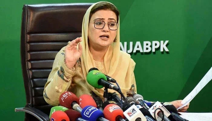 Punjab Minister for Information and Culture Azma Bokhari addresses media persons during a press conference in Lahore on March 6, 2025. — PPI
