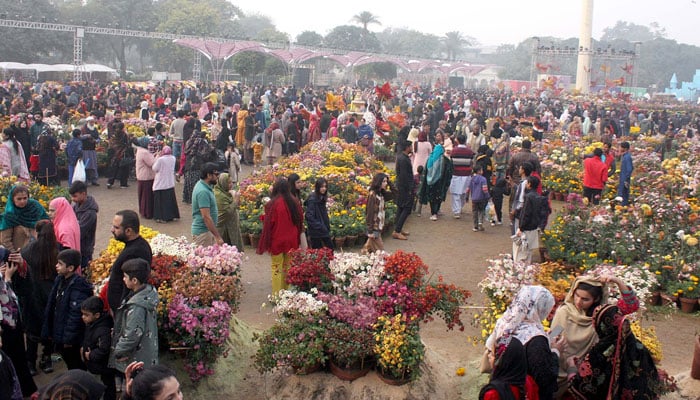 Visitors take keen interest in flowers during the Flowers Exhibition organised by Parks and Horticulture Authority (PHA), in Lahore on December 14, 2025. — PPI