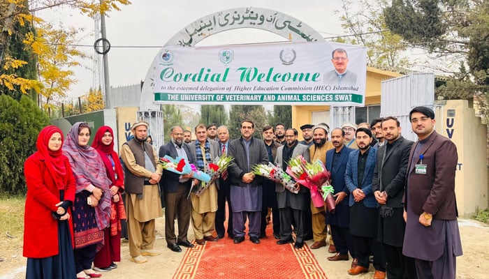 A group photo of HECs delegation during a visit to the University of Veterinary and Animal Sciences (UVAS), Swat, on December 13, 2025. — Facebook@UVAS, Swat-Official