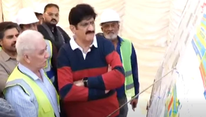 Sindh Chief Minister Syed Murad Ali Shah inspects progress on the BRT Red Line corridor from Malir Cantt to Numaish, at Malir on December 13, 2025. — Screengrab via Facebook@SindhCMHouse
