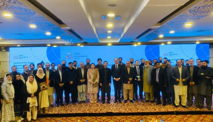 KP Minister for Labour Faisal Khan Tarakai (centre) in a group photo at the launch event on December 15, 2025. — Facebook@FaisalKTarakai
